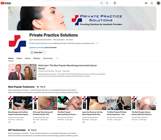 Screen grab of Dr. Private Practice Solution's aesthetic laser device YouTube channel.